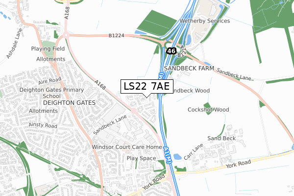 LS22 7AE map - small scale - OS Open Zoomstack (Ordnance Survey)