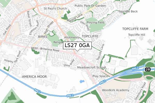 LS27 0GA map - small scale - OS Open Zoomstack (Ordnance Survey)