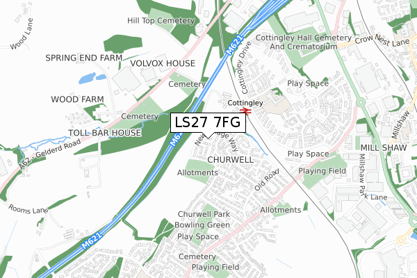 LS27 7FG map - small scale - OS Open Zoomstack (Ordnance Survey)