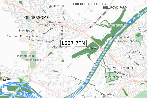 LS27 7FN map - small scale - OS Open Zoomstack (Ordnance Survey)