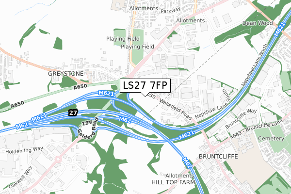 LS27 7FP map - small scale - OS Open Zoomstack (Ordnance Survey)