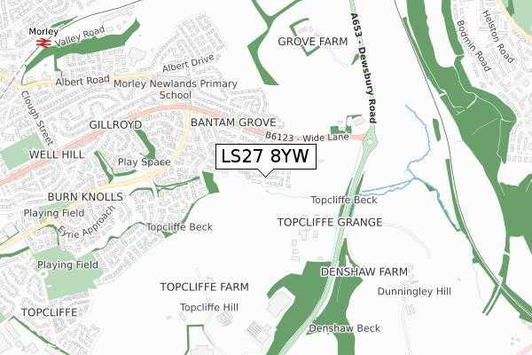 LS27 8YW map - small scale - OS Open Zoomstack (Ordnance Survey)