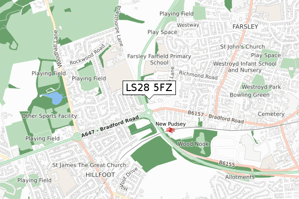 LS28 5FZ map - small scale - OS Open Zoomstack (Ordnance Survey)