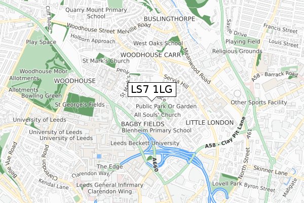 LS7 1LG map - small scale - OS Open Zoomstack (Ordnance Survey)