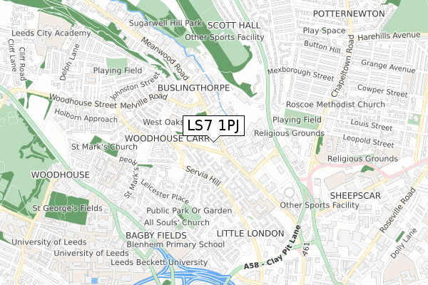 LS7 1PJ map - small scale - OS Open Zoomstack (Ordnance Survey)