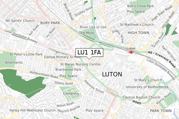 LU1 1FA map - small scale - OS Open Zoomstack (Ordnance Survey)