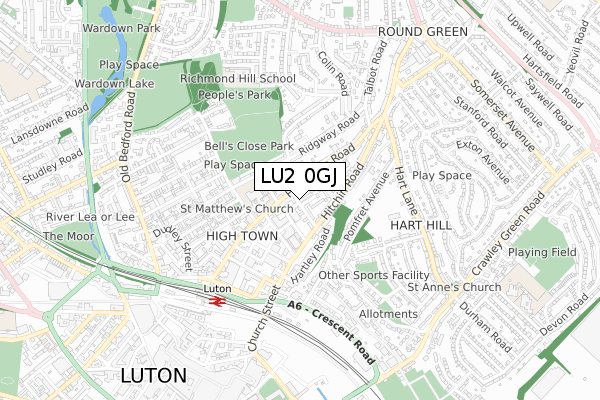 LU2 0GJ map - small scale - OS Open Zoomstack (Ordnance Survey)