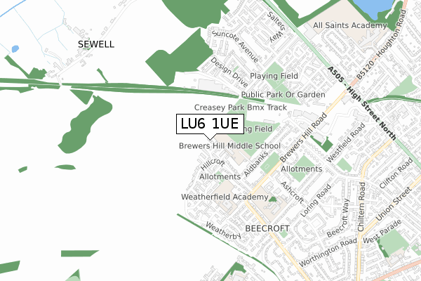 LU6 1UE map - small scale - OS Open Zoomstack (Ordnance Survey)