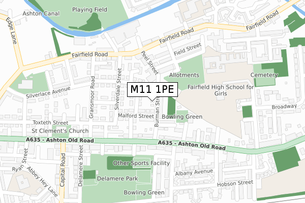 M11 1PE map - large scale - OS Open Zoomstack (Ordnance Survey)