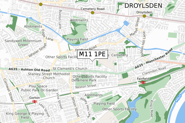 M11 1PE map - small scale - OS Open Zoomstack (Ordnance Survey)