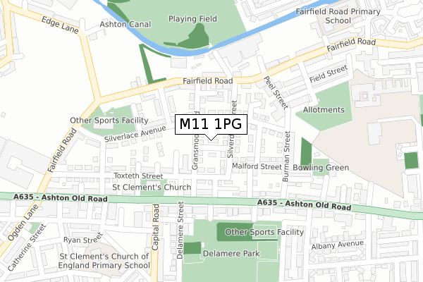 M11 1PG map - large scale - OS Open Zoomstack (Ordnance Survey)