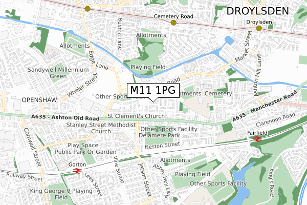 M11 1PG map - small scale - OS Open Zoomstack (Ordnance Survey)