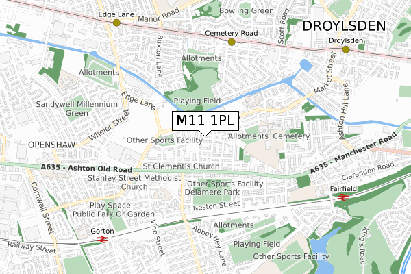 M11 1PL map - small scale - OS Open Zoomstack (Ordnance Survey)