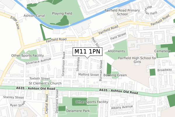 M11 1PN map - large scale - OS Open Zoomstack (Ordnance Survey)