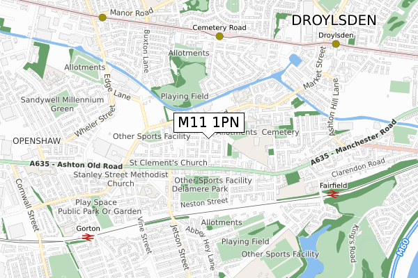 M11 1PN map - small scale - OS Open Zoomstack (Ordnance Survey)