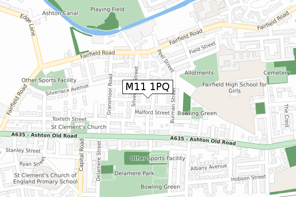 M11 1PQ map - large scale - OS Open Zoomstack (Ordnance Survey)