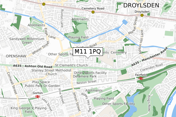 M11 1PQ map - small scale - OS Open Zoomstack (Ordnance Survey)