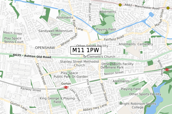 M11 1PW map - small scale - OS Open Zoomstack (Ordnance Survey)