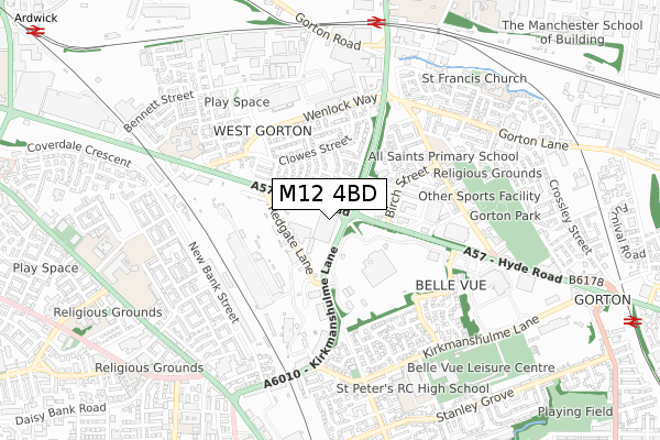 M12 4BD map - small scale - OS Open Zoomstack (Ordnance Survey)