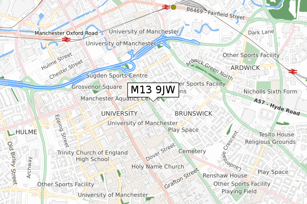 M13 9JW map - small scale - OS Open Zoomstack (Ordnance Survey)