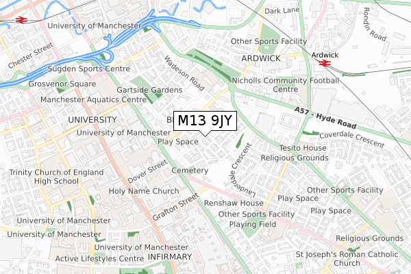 M13 9JY map - small scale - OS Open Zoomstack (Ordnance Survey)