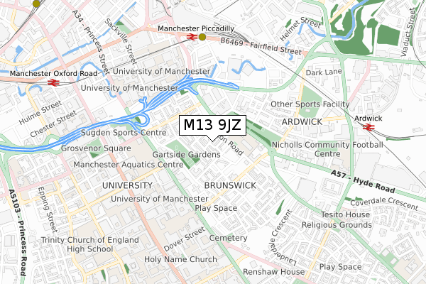 M13 9JZ map - small scale - OS Open Zoomstack (Ordnance Survey)