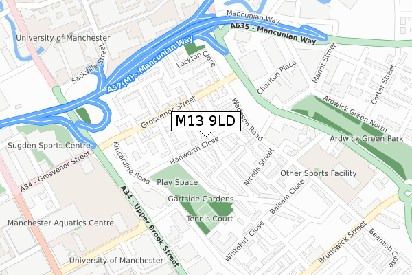 M13 9LD map - large scale - OS Open Zoomstack (Ordnance Survey)