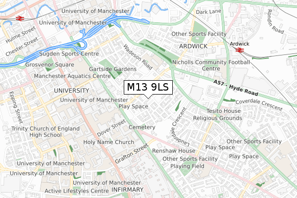 M13 9LS map - small scale - OS Open Zoomstack (Ordnance Survey)