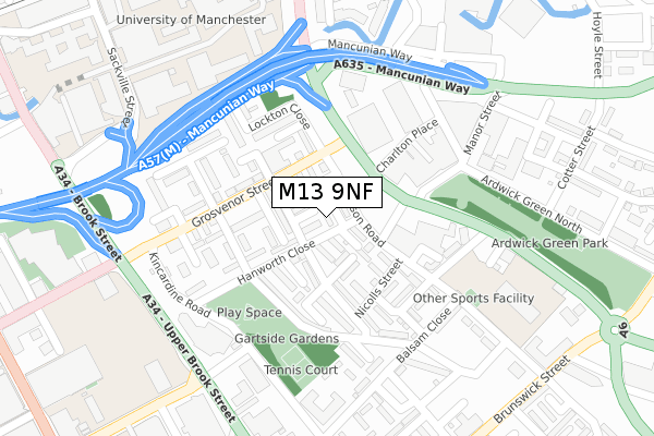 M13 9NF map - large scale - OS Open Zoomstack (Ordnance Survey)