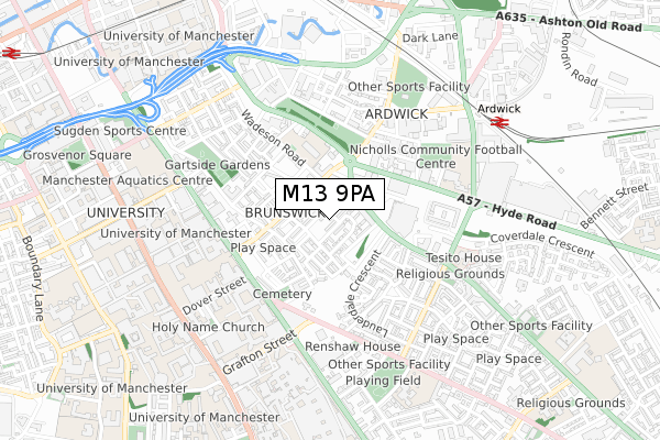 M13 9PA map - small scale - OS Open Zoomstack (Ordnance Survey)