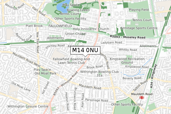 M14 0NU map - small scale - OS Open Zoomstack (Ordnance Survey)