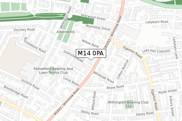 M14 0PA map - large scale - OS Open Zoomstack (Ordnance Survey)