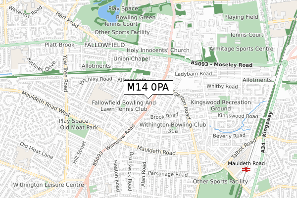 M14 0PA map - small scale - OS Open Zoomstack (Ordnance Survey)