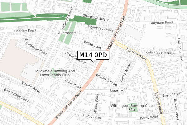 M14 0PD map - large scale - OS Open Zoomstack (Ordnance Survey)