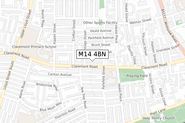 M14 4BN map - large scale - OS Open Zoomstack (Ordnance Survey)