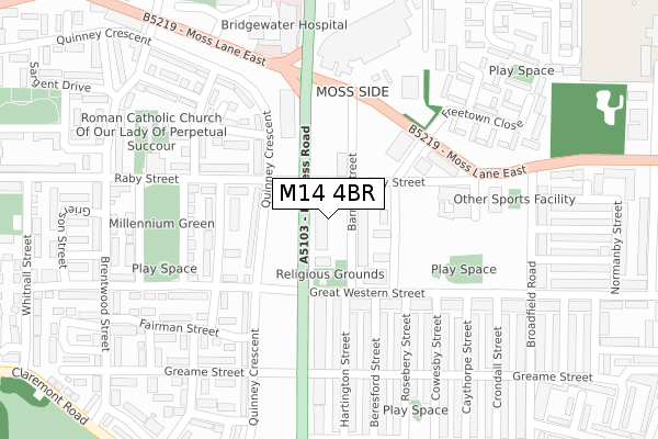 M14 4BR map - large scale - OS Open Zoomstack (Ordnance Survey)