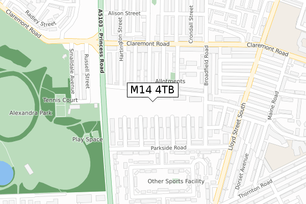 M14 4TB map - large scale - OS Open Zoomstack (Ordnance Survey)