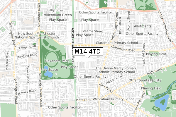 M14 4TD map - small scale - OS Open Zoomstack (Ordnance Survey)