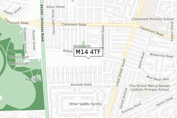 M14 4TF map - large scale - OS Open Zoomstack (Ordnance Survey)