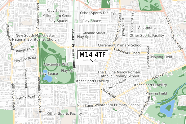 M14 4TF map - small scale - OS Open Zoomstack (Ordnance Survey)