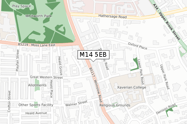 M14 5EB map - large scale - OS Open Zoomstack (Ordnance Survey)