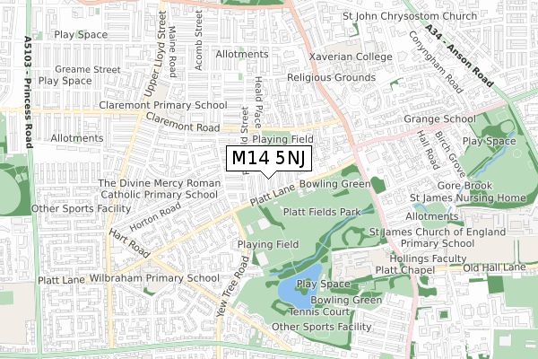 M14 5NJ map - small scale - OS Open Zoomstack (Ordnance Survey)