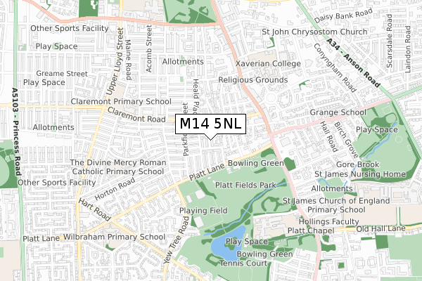 M14 5NL map - small scale - OS Open Zoomstack (Ordnance Survey)