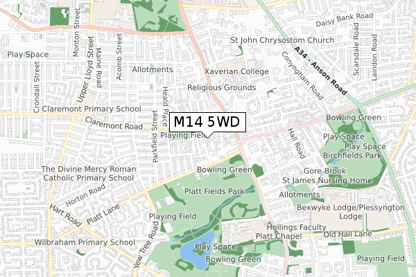 M14 5WD map - small scale - OS Open Zoomstack (Ordnance Survey)