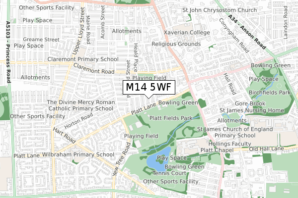 M14 5WF map - small scale - OS Open Zoomstack (Ordnance Survey)