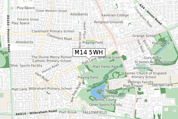 M14 5WH map - small scale - OS Open Zoomstack (Ordnance Survey)