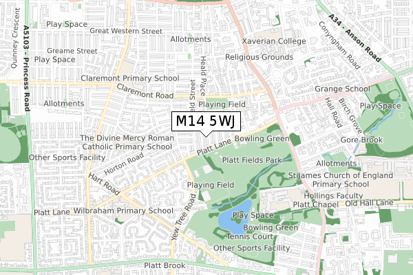 M14 5WJ map - small scale - OS Open Zoomstack (Ordnance Survey)