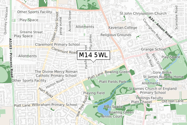 M14 5WL map - small scale - OS Open Zoomstack (Ordnance Survey)