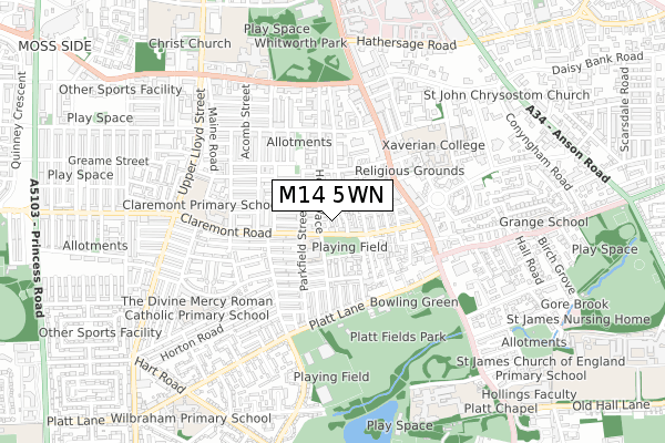 M14 5WN map - small scale - OS Open Zoomstack (Ordnance Survey)