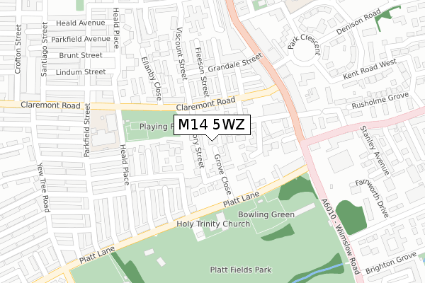 M14 5WZ map - large scale - OS Open Zoomstack (Ordnance Survey)